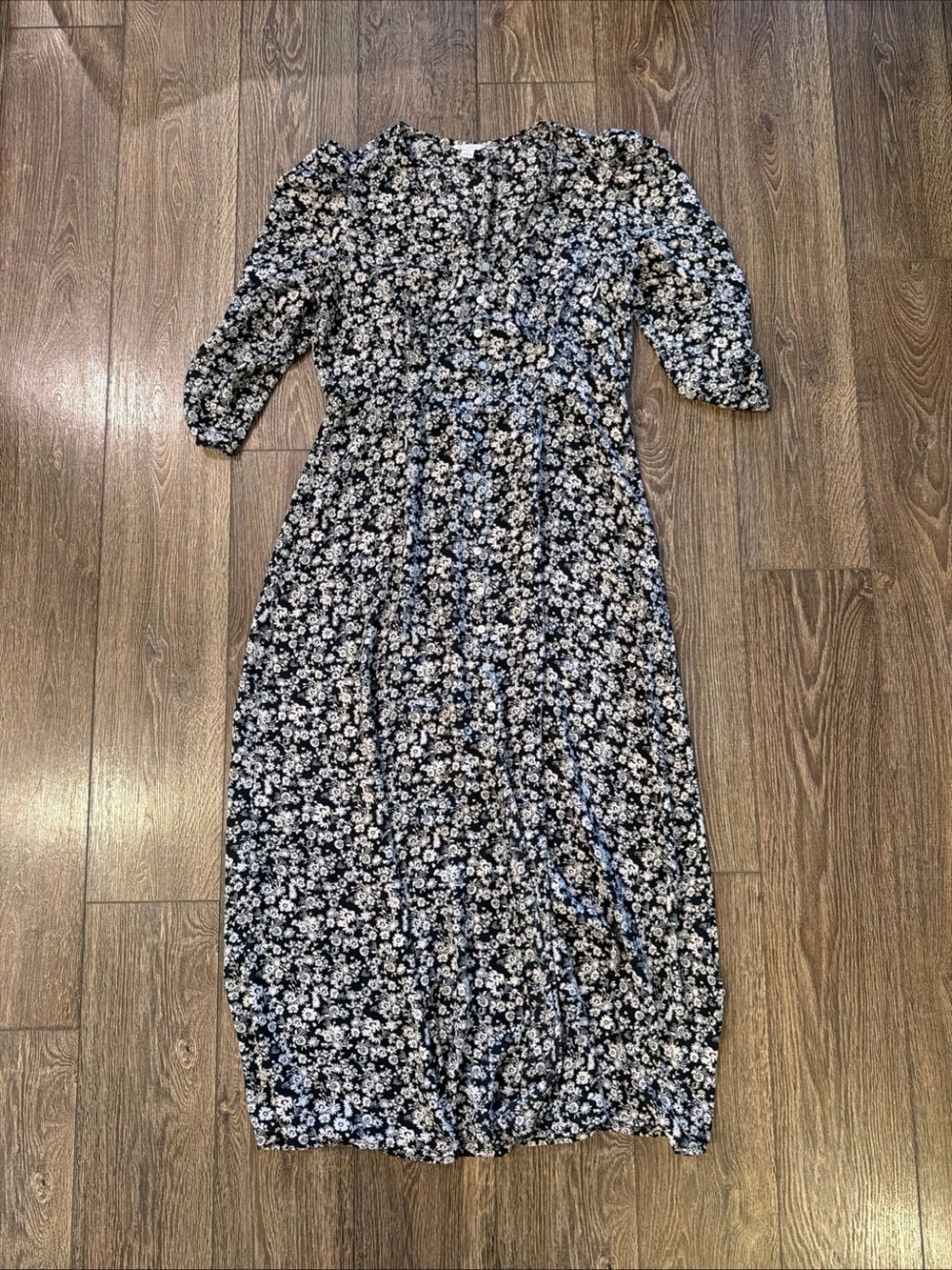 Black Floral Midi Dress with Puff Sleeves by